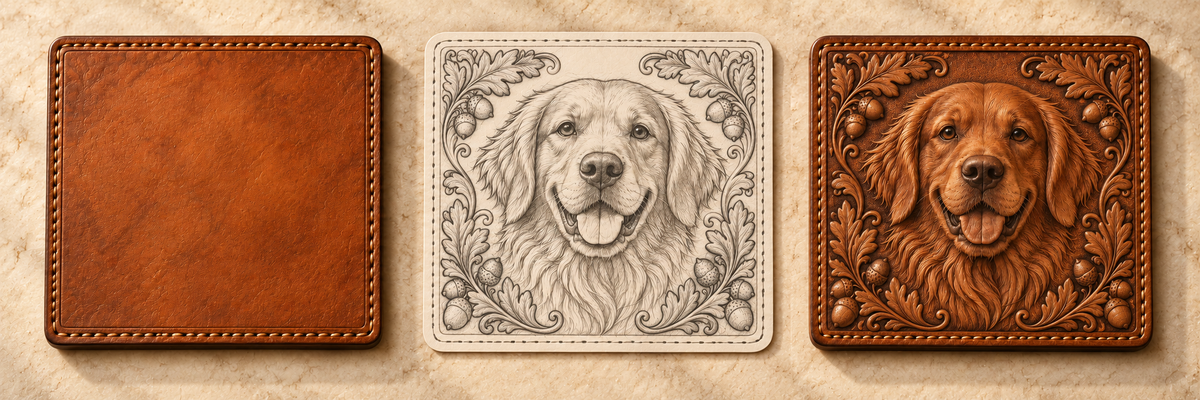 Animal portrait concept showing blank leather, portrait artwork and a sculpted dog portrait panel