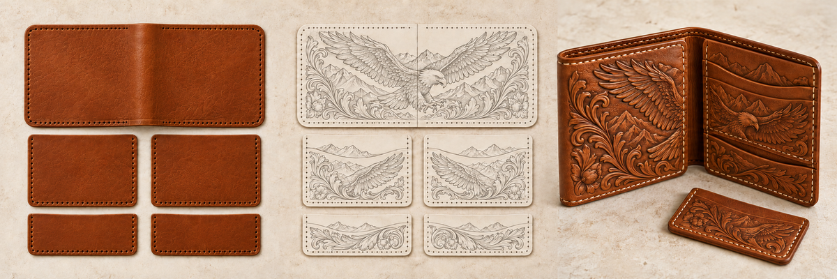 Concept: blank wallet components, fitted eagle artwork, and an assembled embossed leather wallet